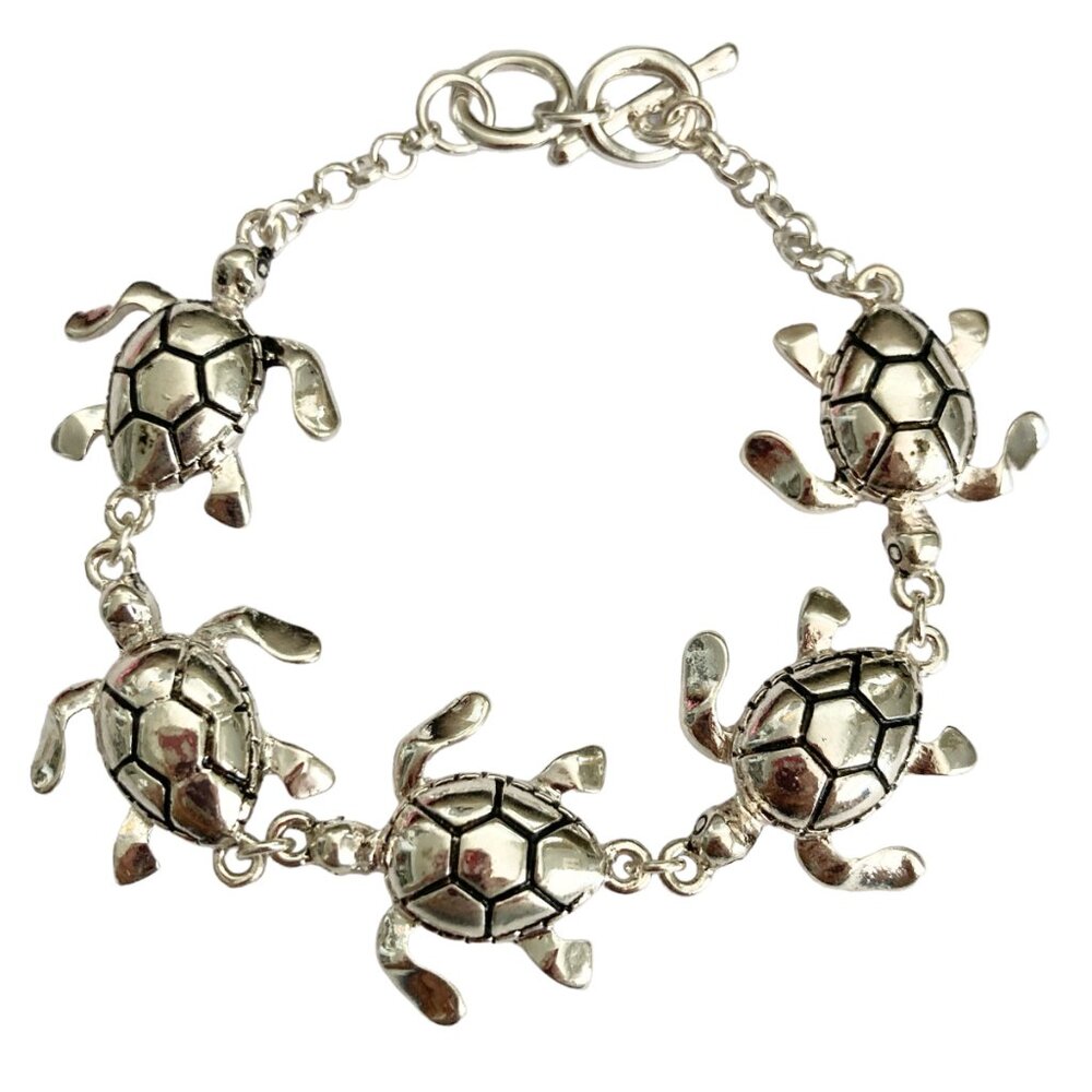 Silver Sea Life Turtle Charm Bracelet Beach Island 7.5" Plated Toggle Clasp -